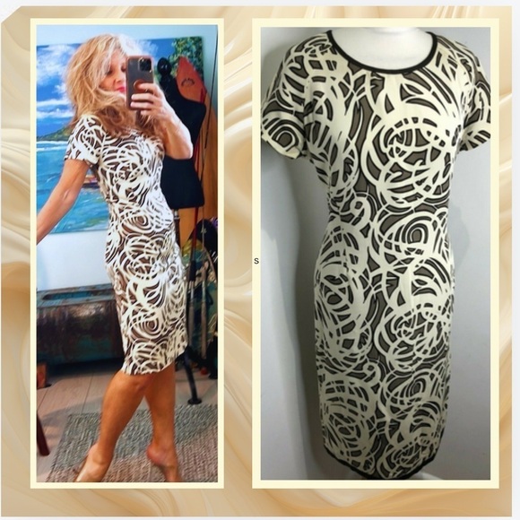 Jaeger, 100% Silk Brown & Ivory Abstract Sheath Dress – Excellent Cond., Size 6 - Picture 2 of 11